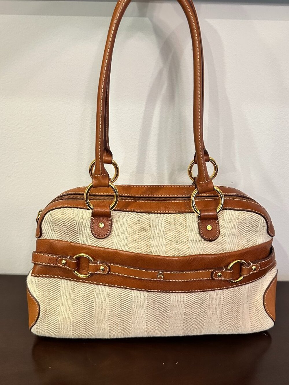 Etienne Aigner Monogram Shoulder Bag Cream Canvas Brown Leather Classic Preppy